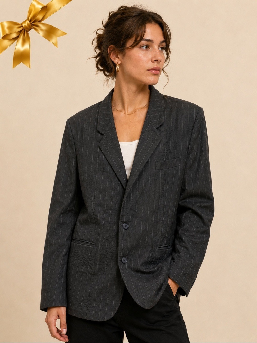 Vintage Profilo Black Pinstripe Tailored Blazer Jacket 40R Unisex